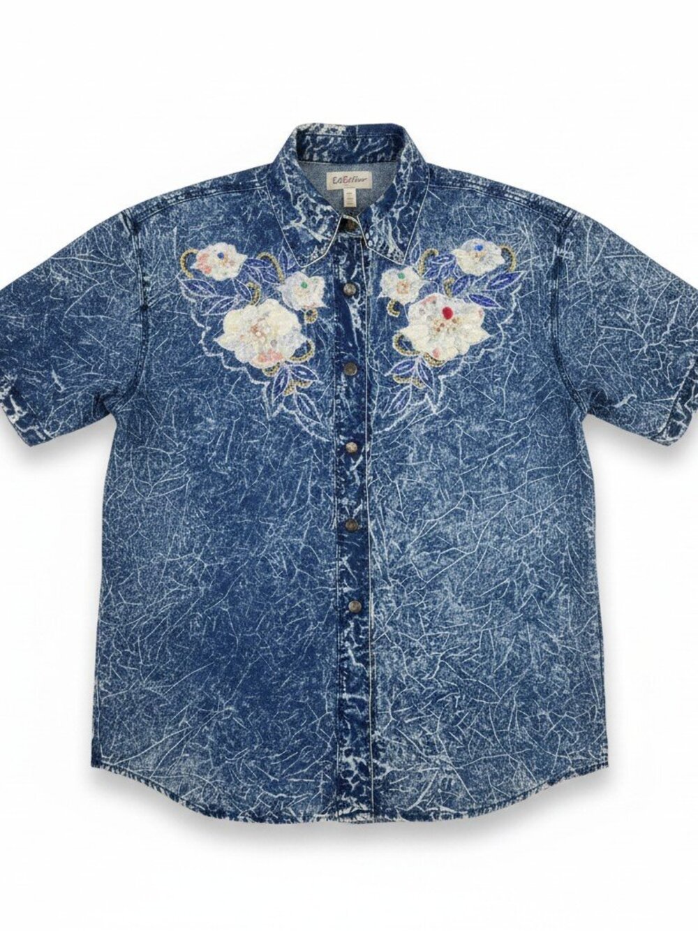 Vintage Pret Acid Wash Blue Embellished Short Sleeve Button Front Shirt